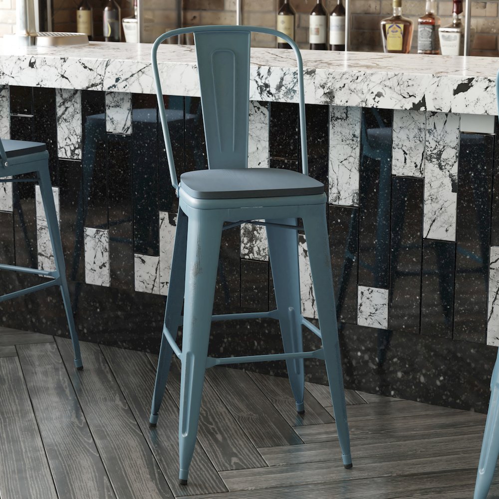 30" High Kelly Blue-Teal Metal Barstool with Teal-Blue Poly Resin Wood Seat. Picture 8