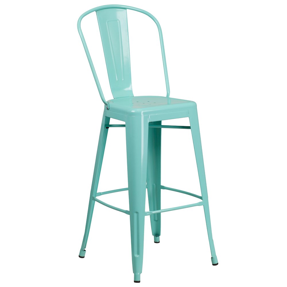 Commercial Grade 30" High Mint Green Metal Indoor-Outdoor Barstool with Back. Picture 1
