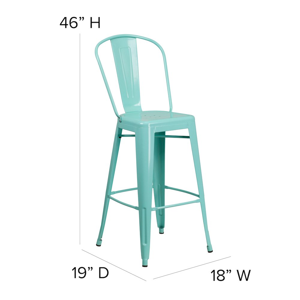 Commercial Grade 30" High Mint Green Metal Indoor-Outdoor Barstool with Back. Picture 2