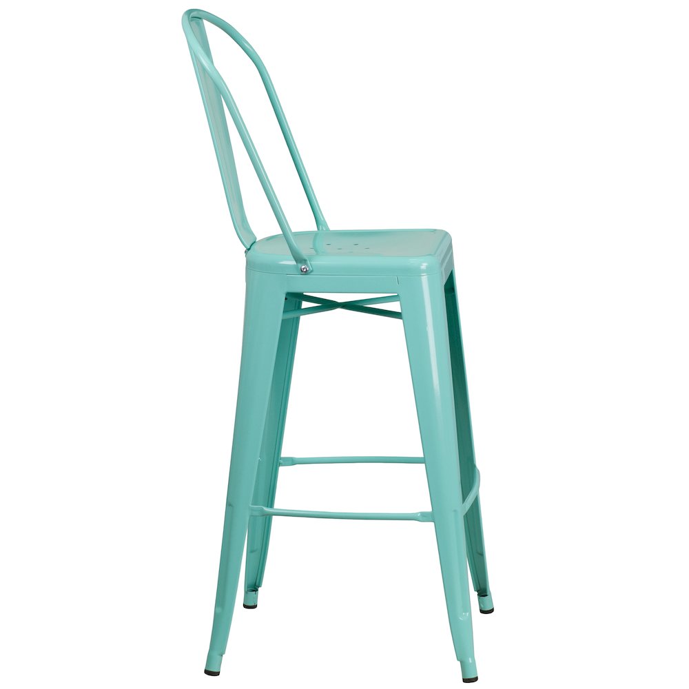 Commercial Grade 30" High Mint Green Metal Indoor-Outdoor Barstool with Back. Picture 3