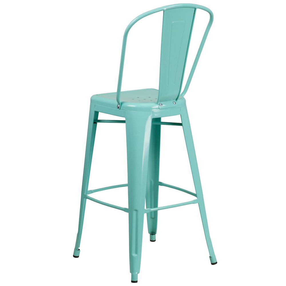 Commercial Grade 30" High Mint Green Metal Indoor-Outdoor Barstool with Back. Picture 4