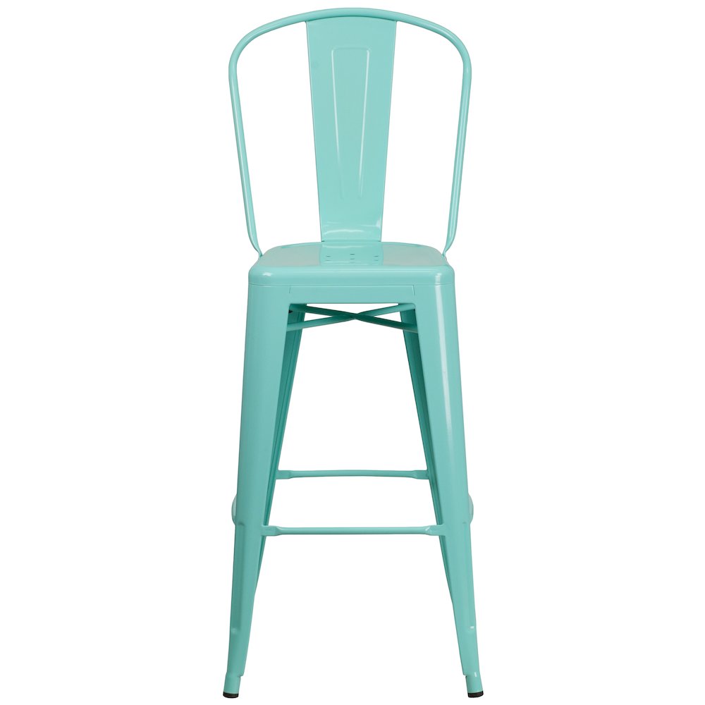 Commercial Grade 30" High Mint Green Metal Indoor-Outdoor Barstool with Back. Picture 5