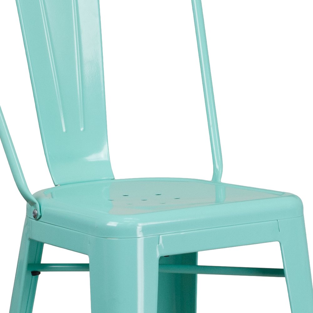 Commercial Grade 30" High Mint Green Metal Indoor-Outdoor Barstool with Back. Picture 6
