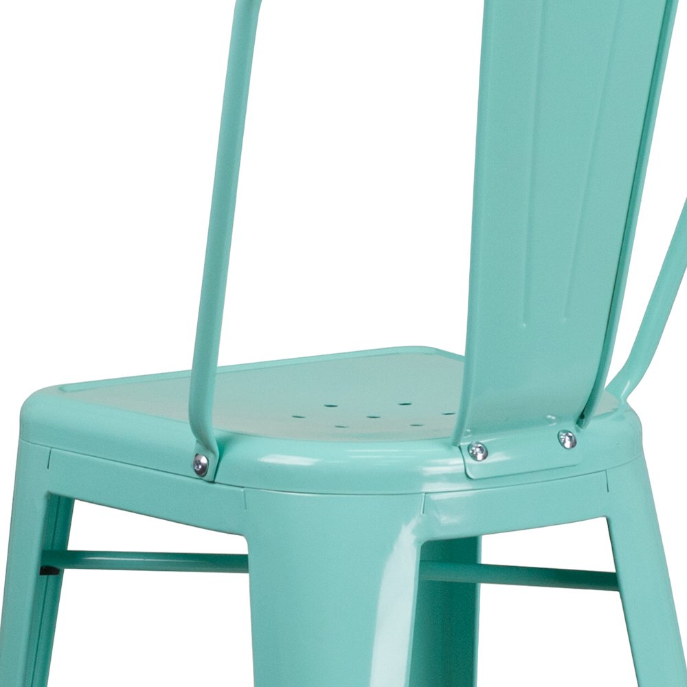 Commercial Grade 30" High Mint Green Metal Indoor-Outdoor Barstool with Back. Picture 7