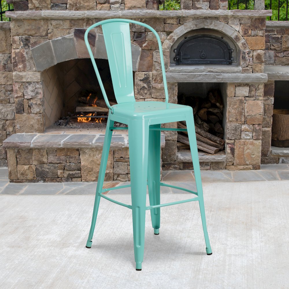 30" High Mint Green Metal Indoor-Outdoor Barstool with Back. Picture 2