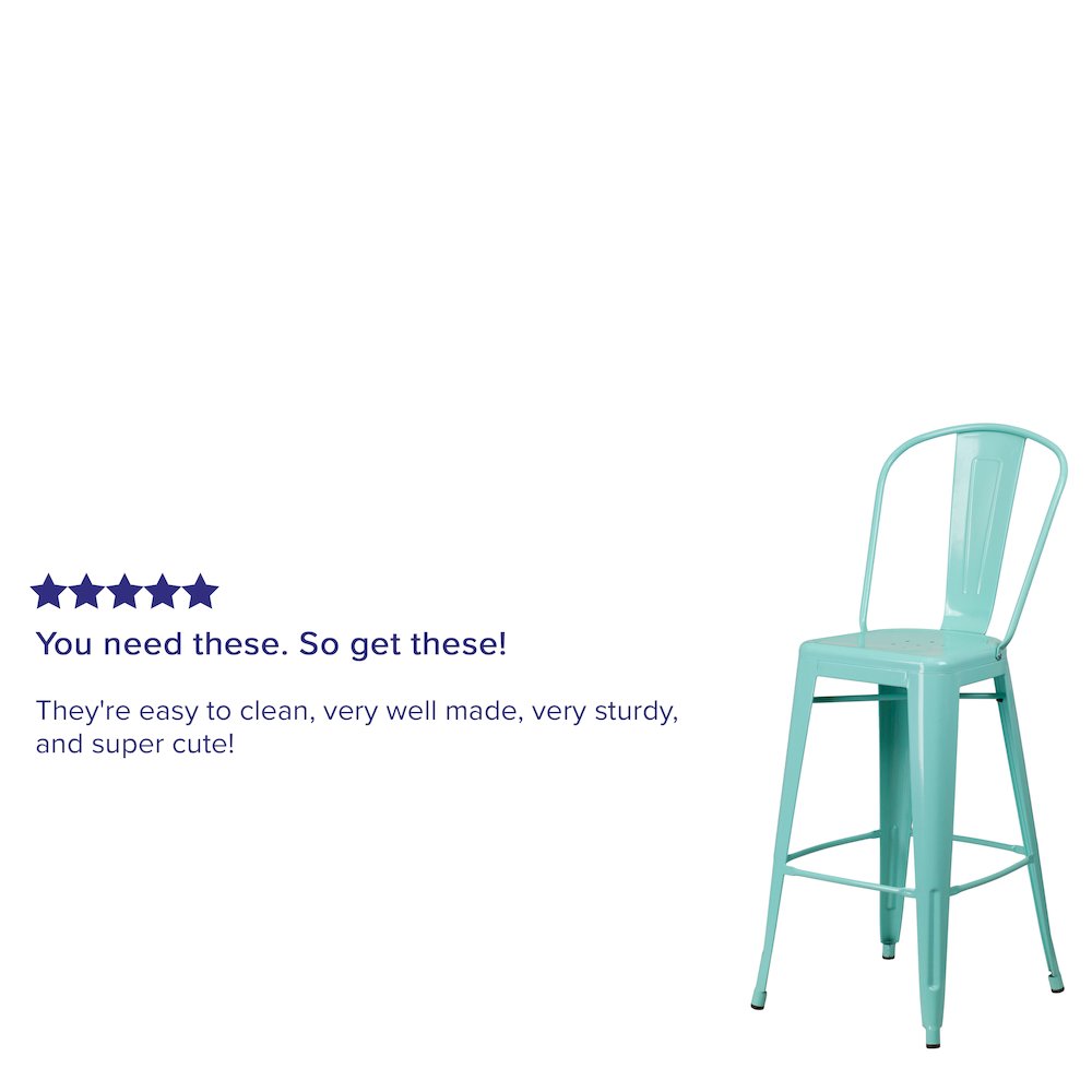 Commercial Grade 30" High Mint Green Metal Indoor-Outdoor Barstool with Back. Picture 8