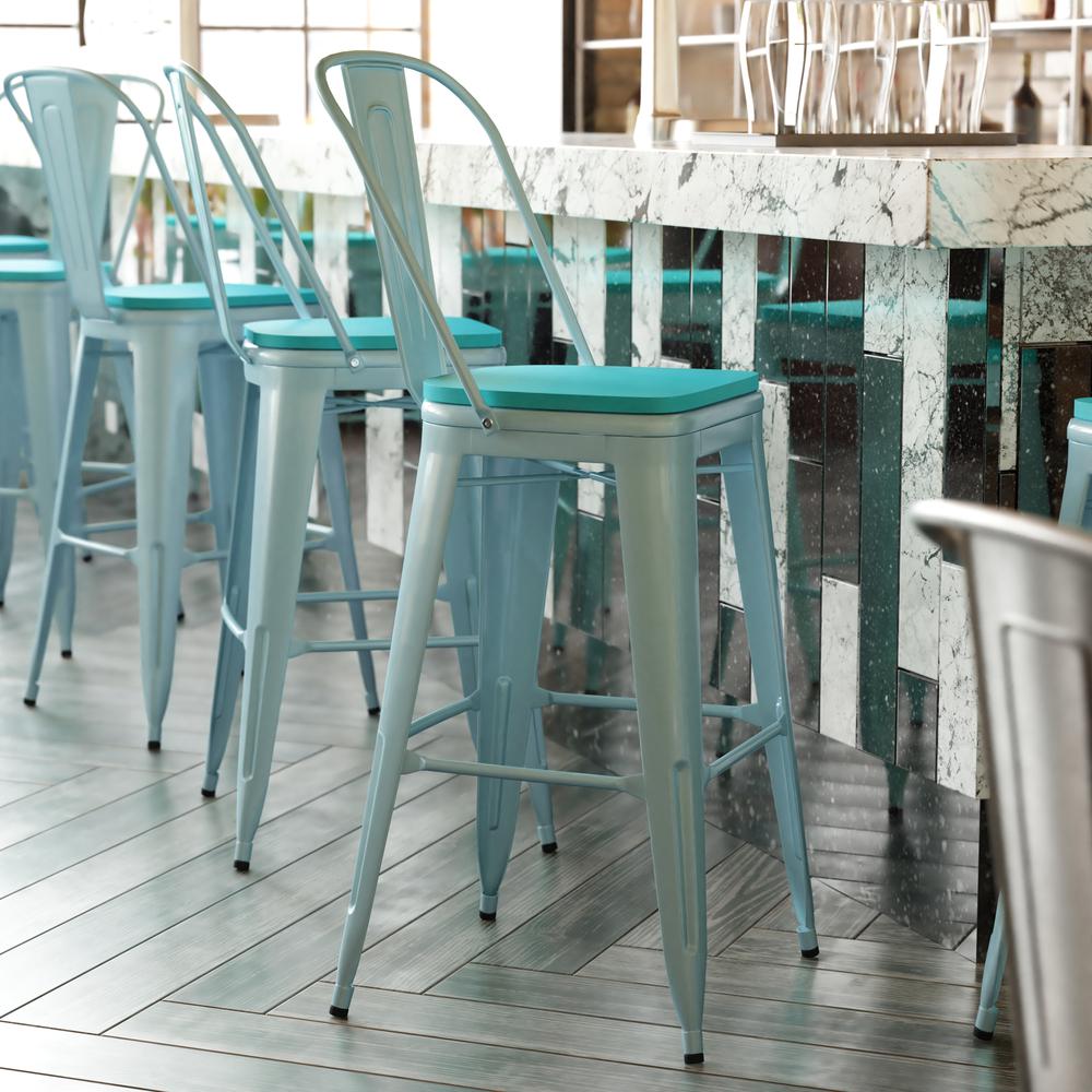 30" High Mint Green Metal Indoor-Barstool with Mint Green Poly Resin Wood Seat. Picture 10