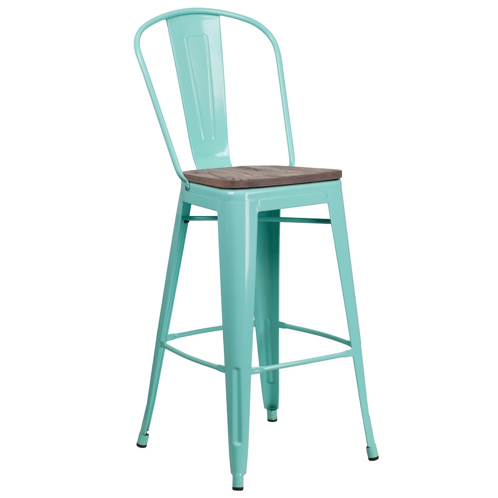 30" High Mint Green Metal Barstool with Back and Wood Seat. Picture 1
