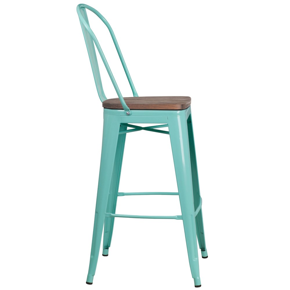 30" High Mint Green Metal Barstool with Back and Wood Seat. Picture 5