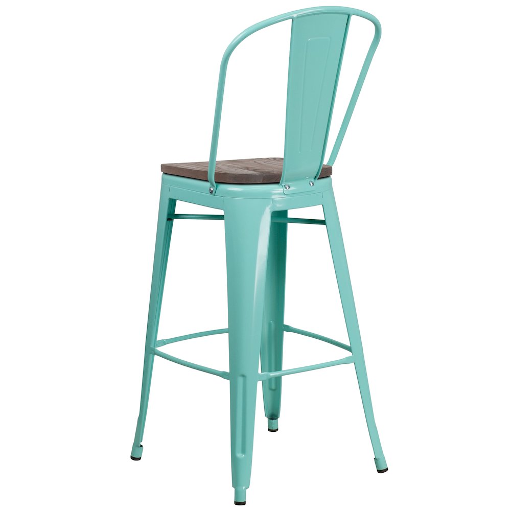 30" High Mint Green Metal Barstool with Back and Wood Seat. Picture 4