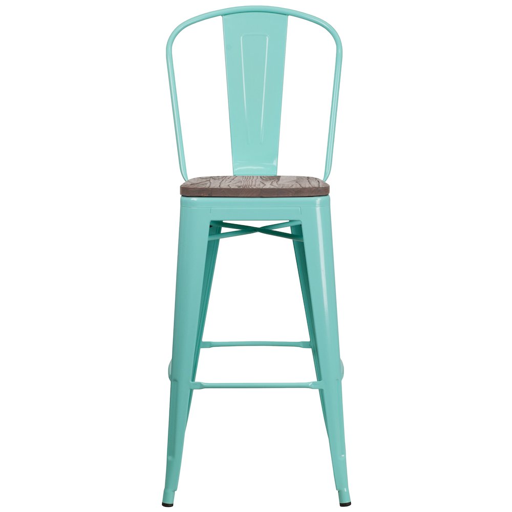 30" High Mint Green Metal Barstool with Back and Wood Seat. Picture 6