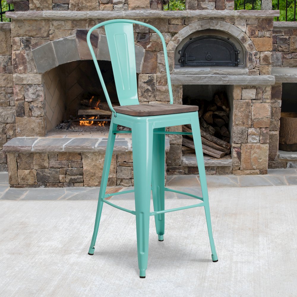 30" High Mint Green Metal Barstool with Back and Wood Seat. Picture 2