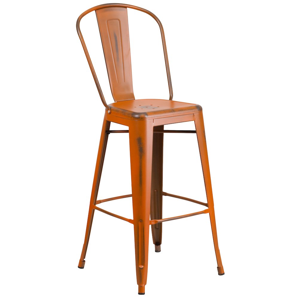 30" High Distressed Orange Metal Indoor-Outdoor Barstool with Back. Picture 1