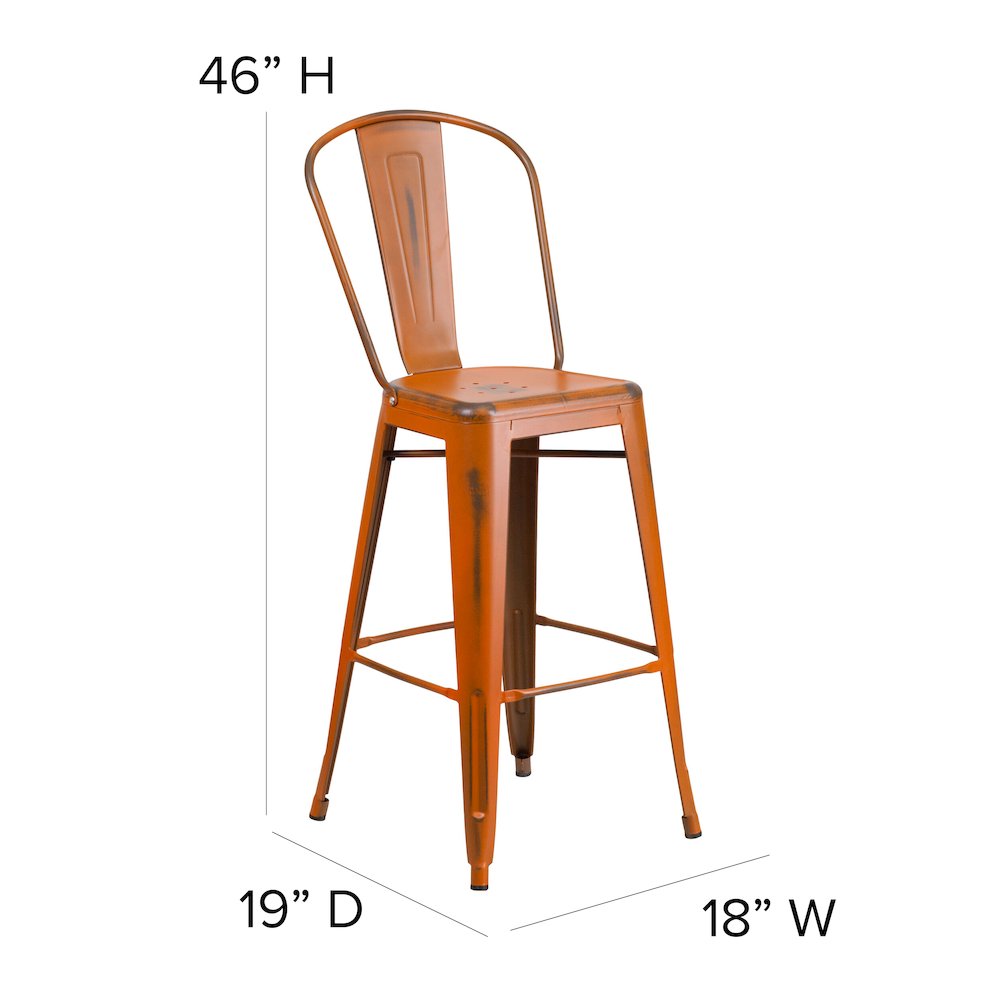 30" High Distressed Orange Metal Indoor-Outdoor Barstool with Back. Picture 6