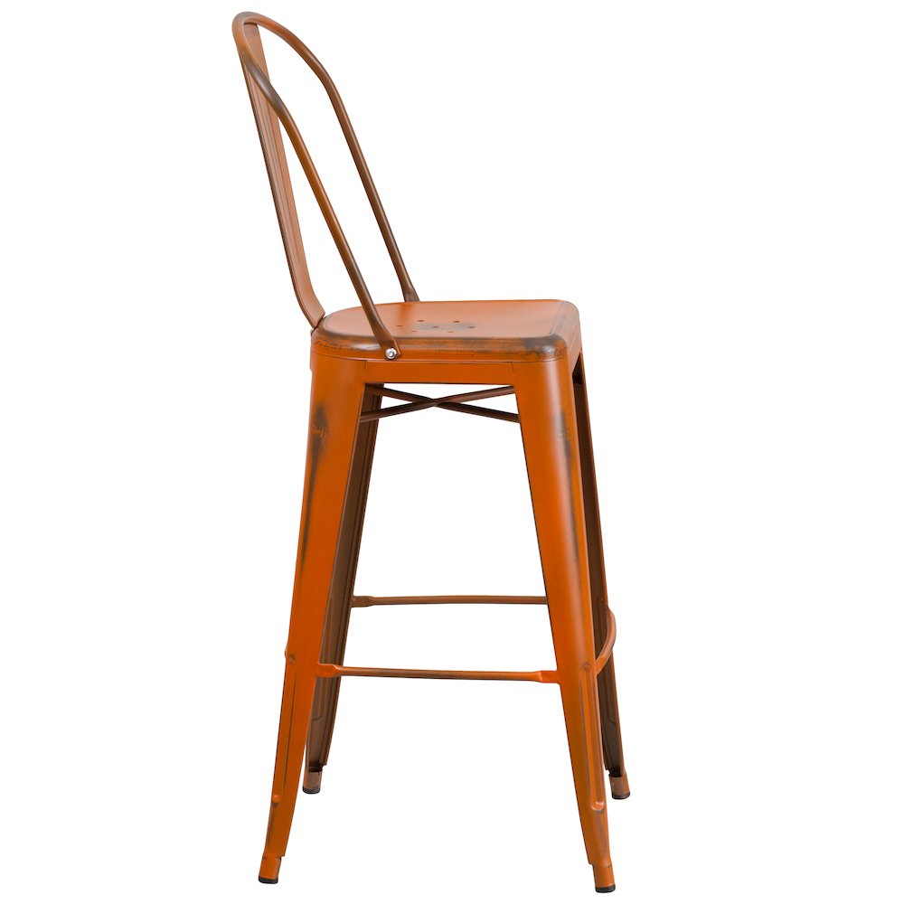 30" High Distressed Orange Metal Indoor-Outdoor Barstool with Back. Picture 9