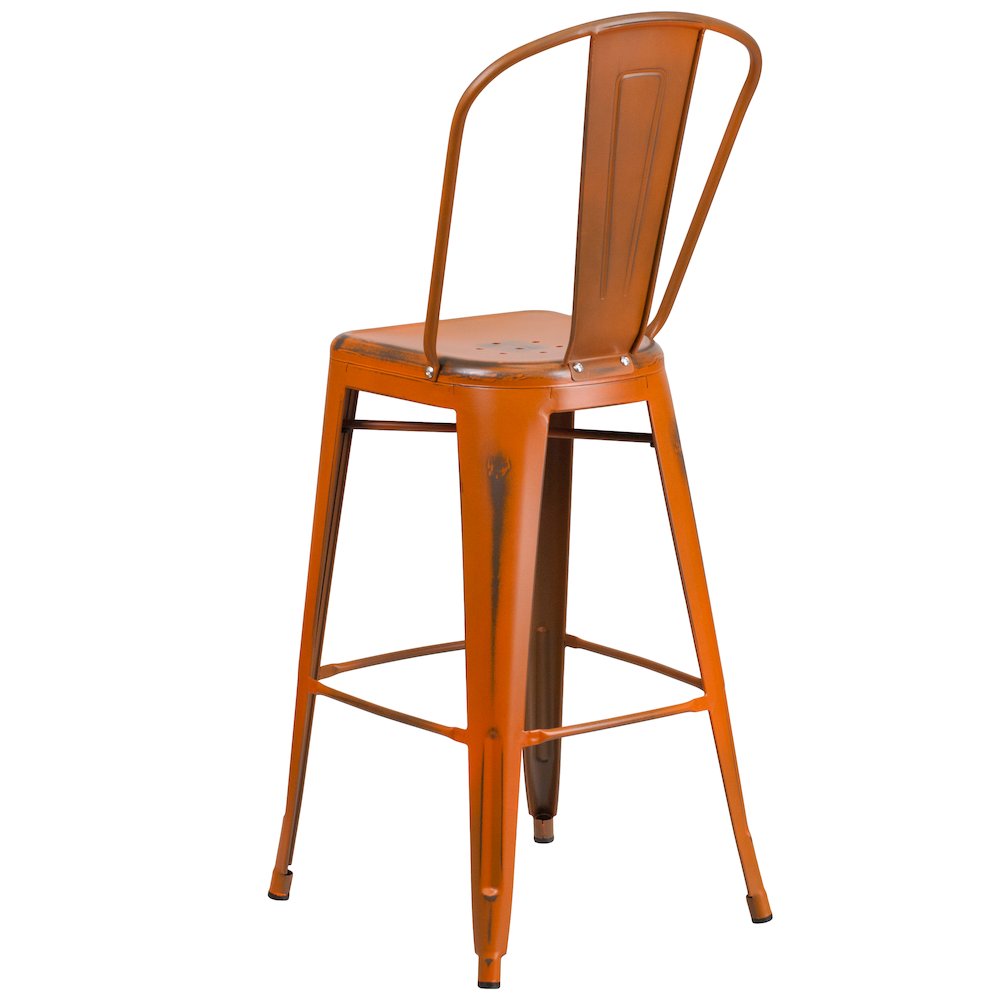 30" High Distressed Orange Metal Indoor-Outdoor Barstool with Back. Picture 7