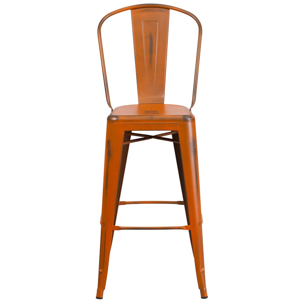 30" High Distressed Orange Metal Indoor-Outdoor Barstool with Back. Picture 10