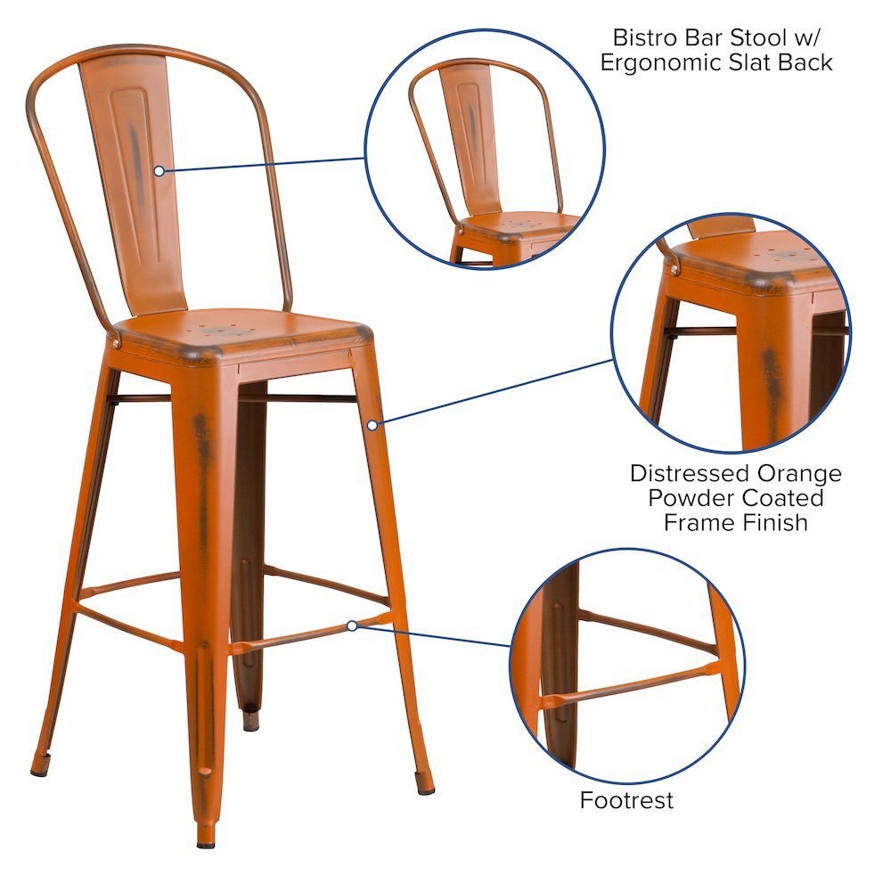 30" High Distressed Orange Metal Indoor-Outdoor Barstool with Back. Picture 5
