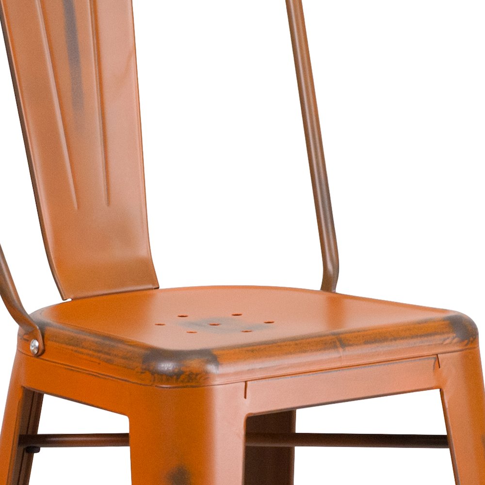 30" High Distressed Orange Metal Indoor-Outdoor Barstool with Back. Picture 8