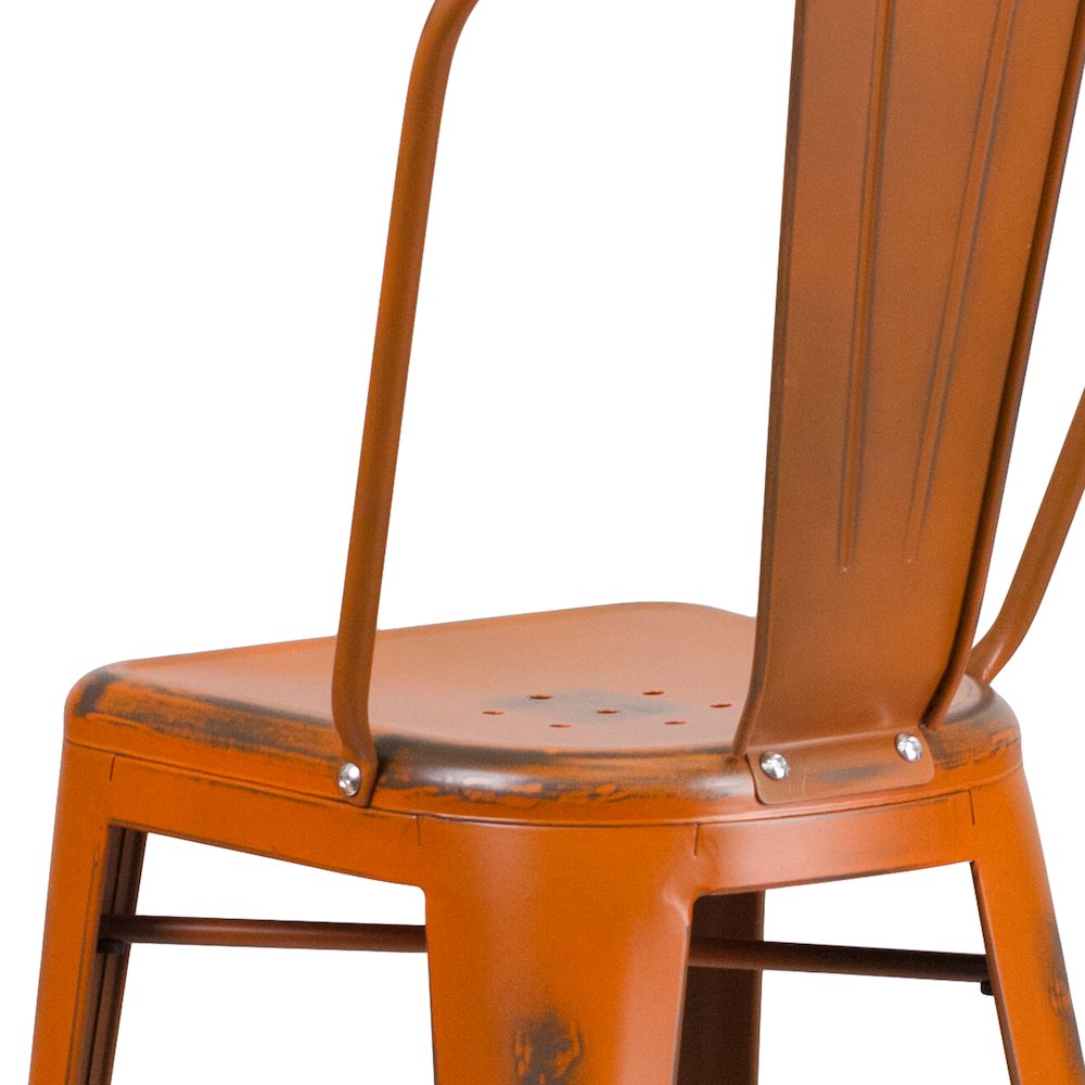 30" High Distressed Orange Metal Indoor-Outdoor Barstool with Back. Picture 11