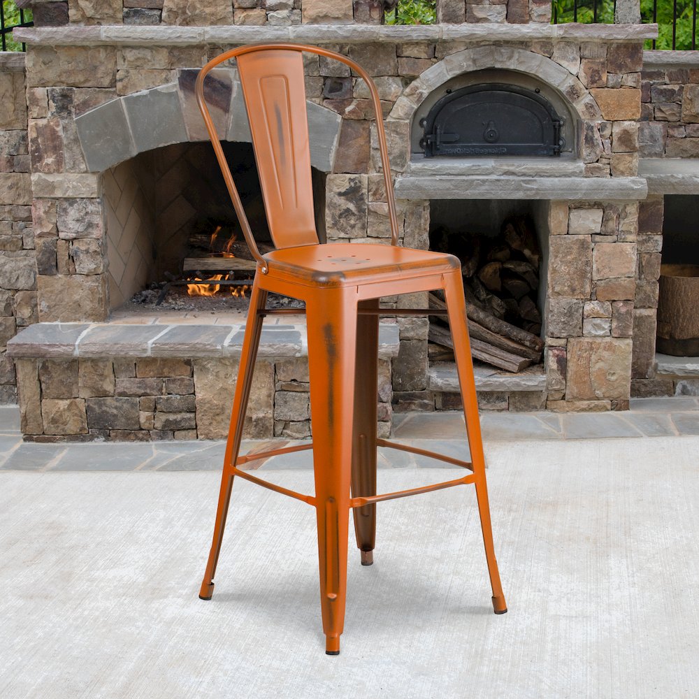 30" High Distressed Orange Metal Indoor-Outdoor Barstool with Back. Picture 2