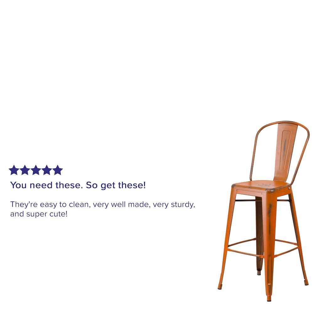 30" High Distressed Orange Metal Indoor-Outdoor Barstool with Back. Picture 4