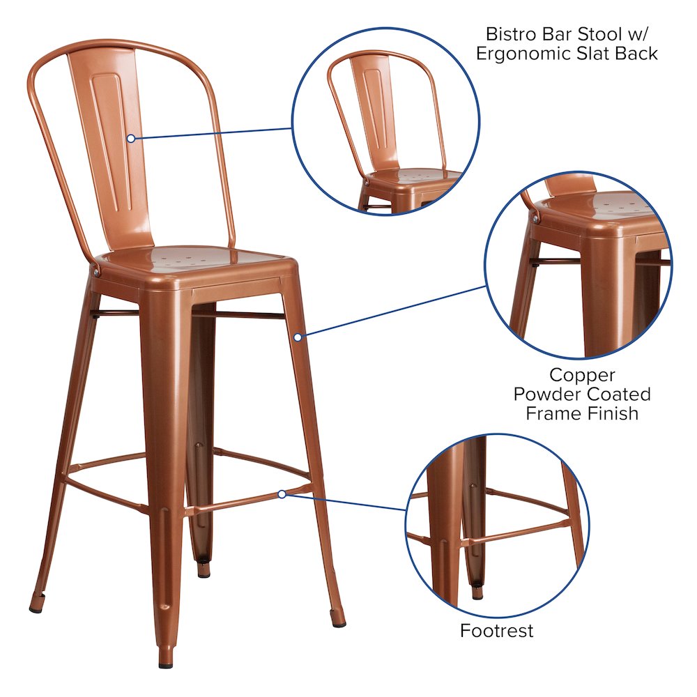 Commercial Grade 30" High Copper Metal Indoor-Outdoor Barstool with Back. Picture 5