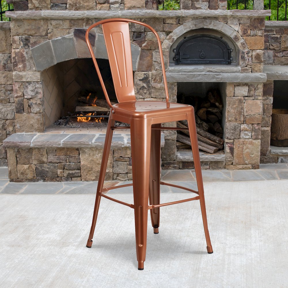 Commercial Grade 30" High Copper Metal Indoor-Outdoor Barstool with Back. Picture 2