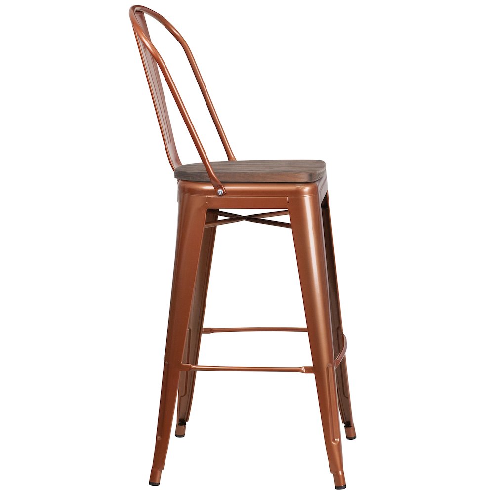 30" High Copper Metal Barstool with Back and Wood Seat. Picture 5