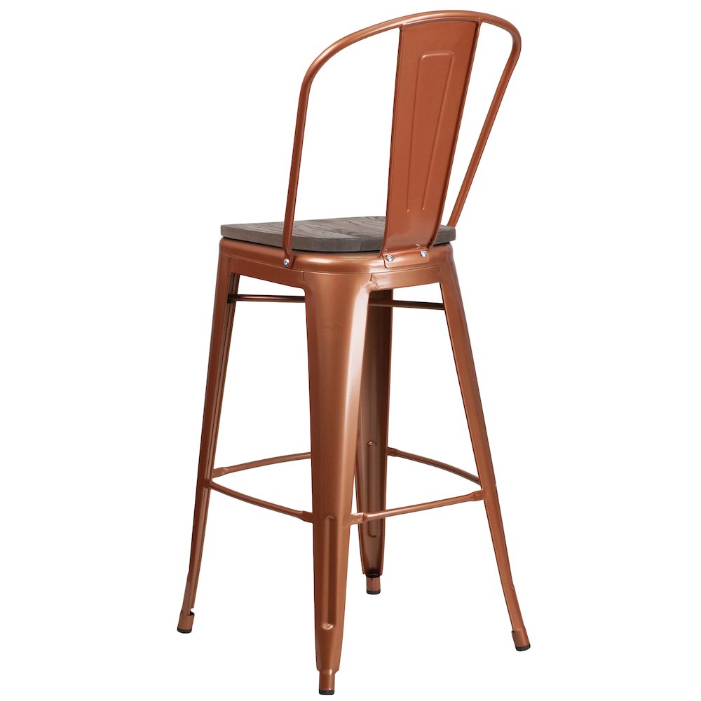 30" High Copper Metal Barstool with Back and Wood Seat. Picture 4