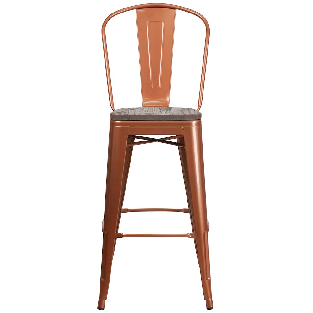 30" High Copper Metal Barstool with Back and Wood Seat. Picture 6