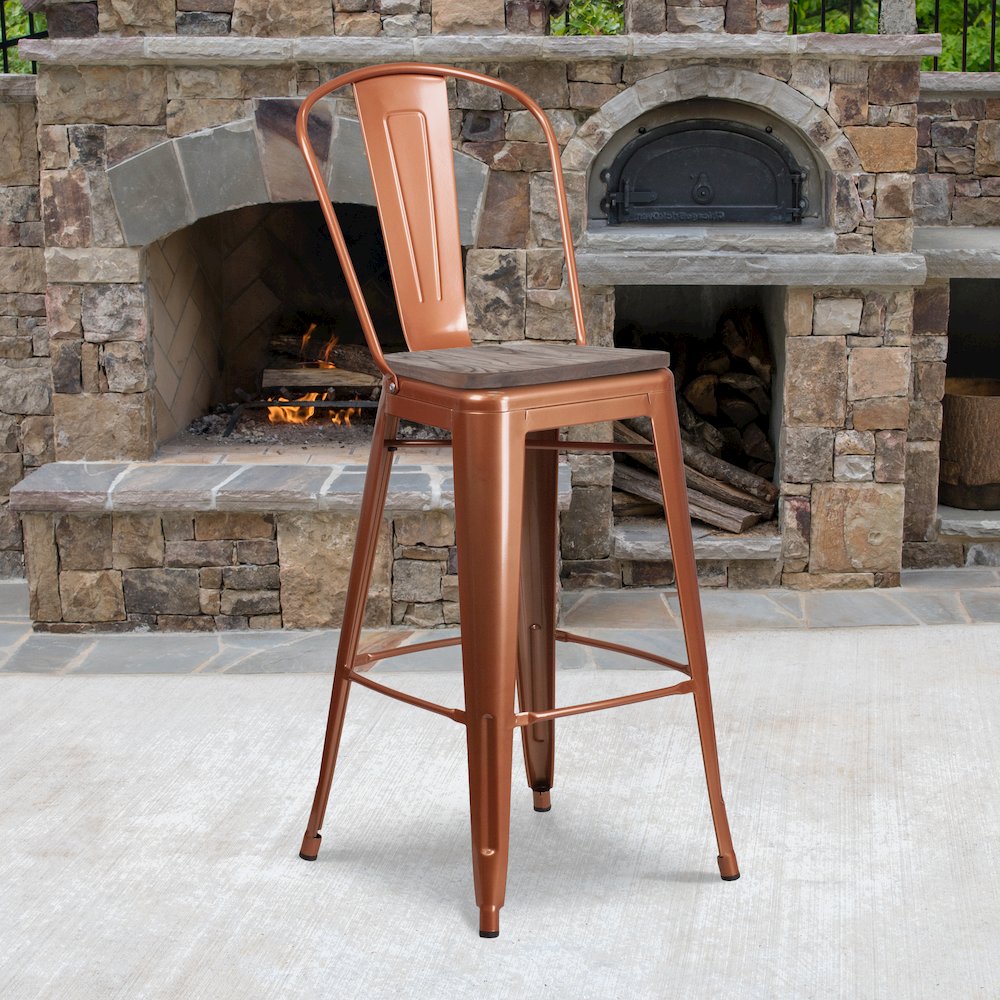 30" High Copper Metal Barstool with Back and Wood Seat. Picture 2