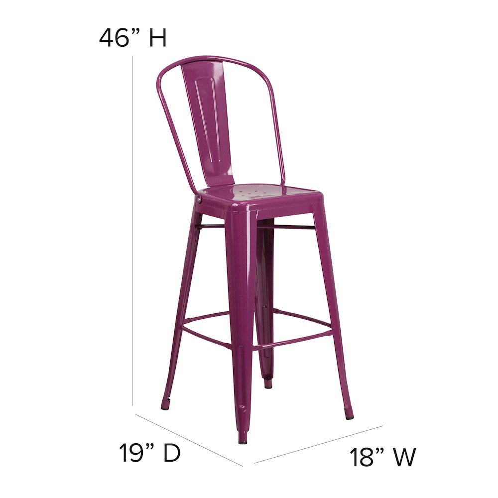 Commercial Grade 30" High Purple Metal Indoor-Outdoor Barstool with Back. Picture 6