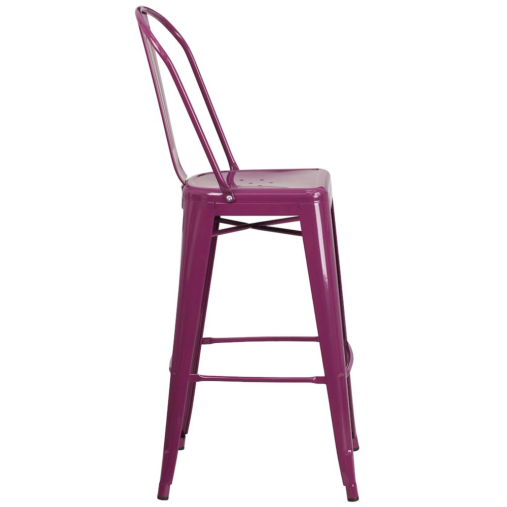 Commercial Grade 30" High Purple Metal Indoor-Outdoor Barstool with Back. Picture 9