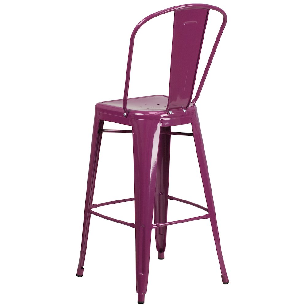 Commercial Grade 30" High Purple Metal Indoor-Outdoor Barstool with Back. Picture 7