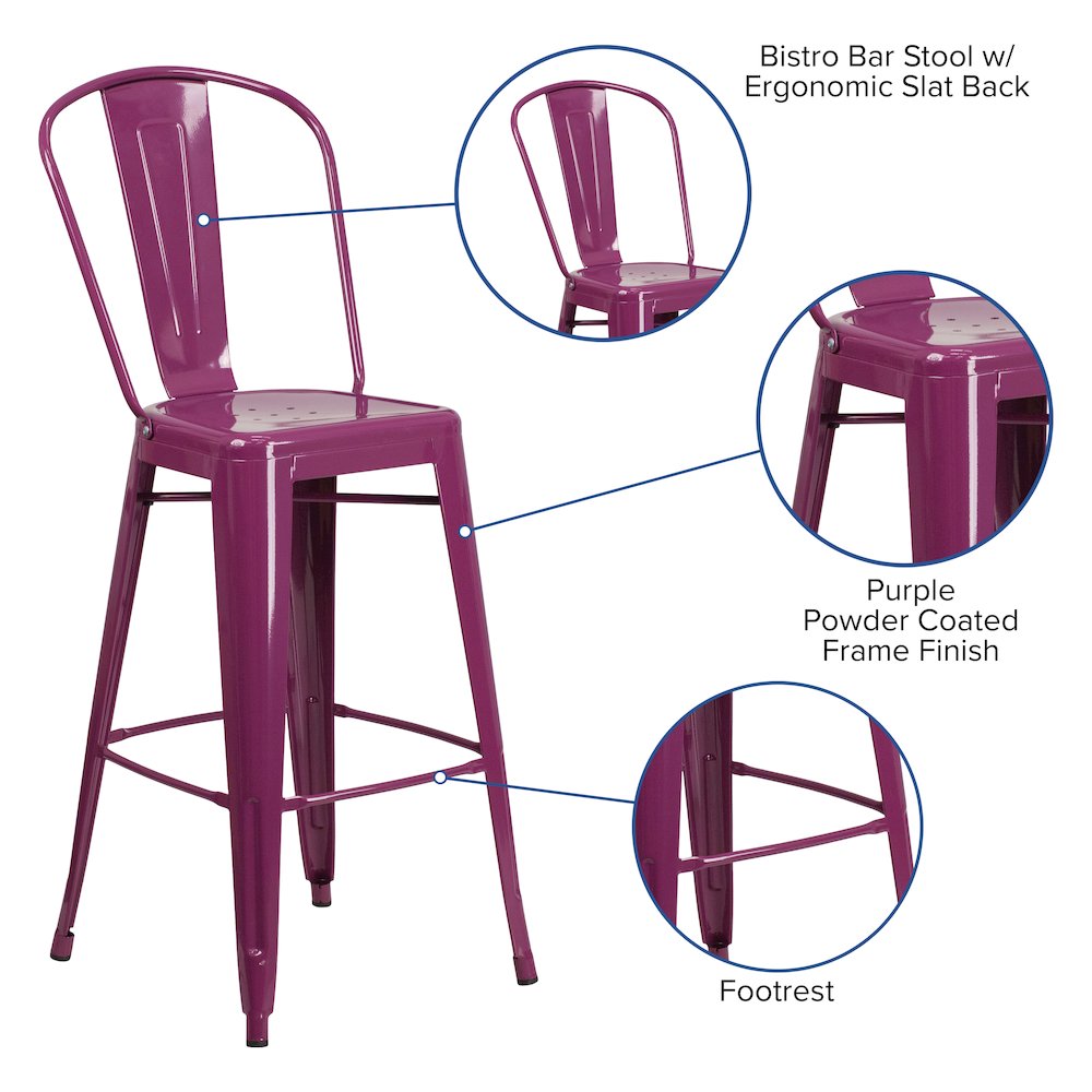 Commercial Grade 30" High Purple Metal Indoor-Outdoor Barstool with Back. Picture 5