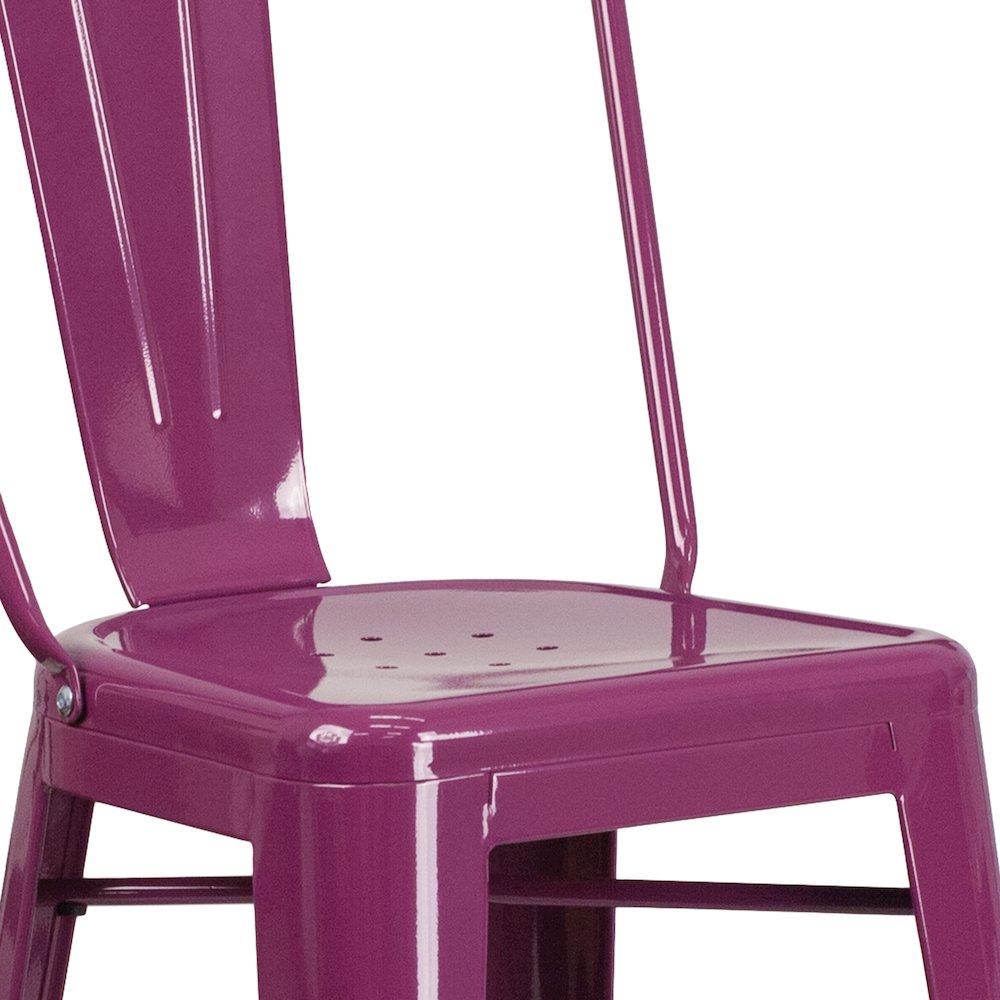 Commercial Grade 30" High Purple Metal Indoor-Outdoor Barstool with Back. Picture 8