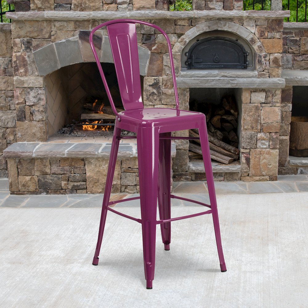 Commercial Grade 30" High Purple Metal Indoor-Outdoor Barstool with Back. Picture 2