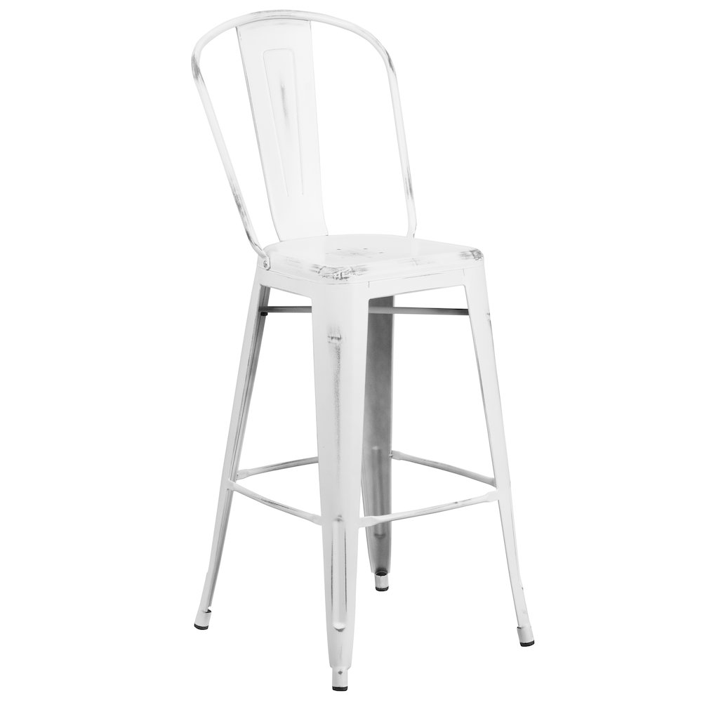 30" High Distressed White Metal Indoor-Outdoor Barstool with Back. Picture 1