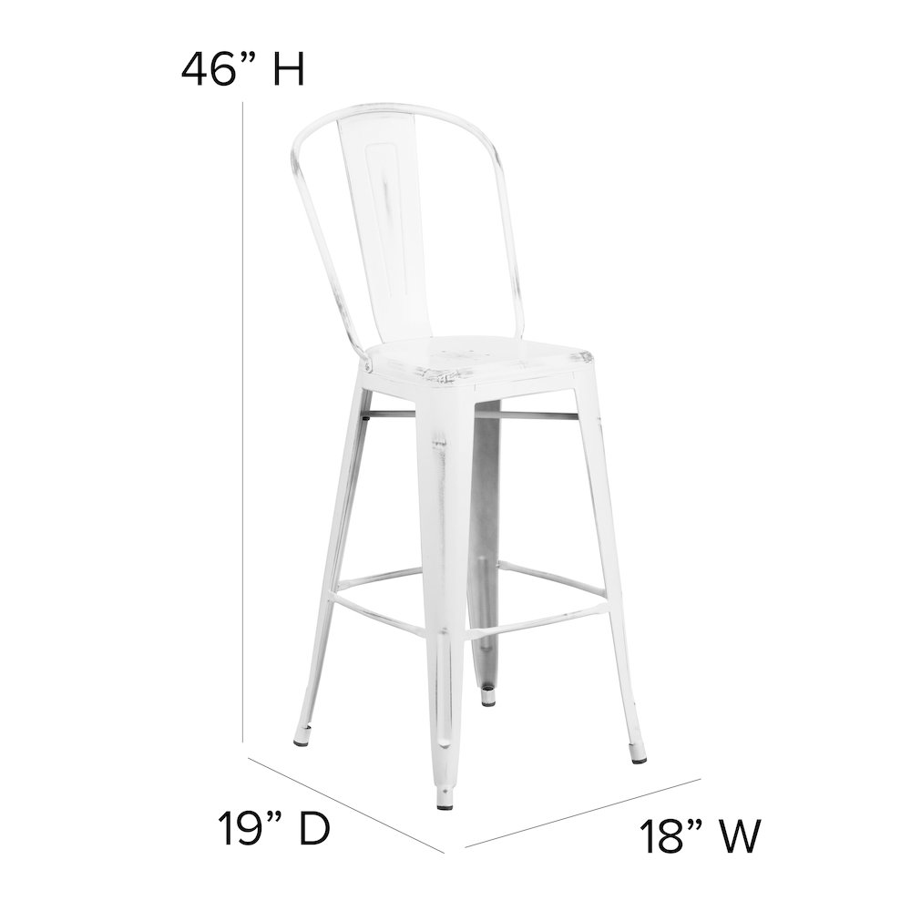 30" High Distressed White Metal Indoor-Outdoor Barstool with Back. Picture 6