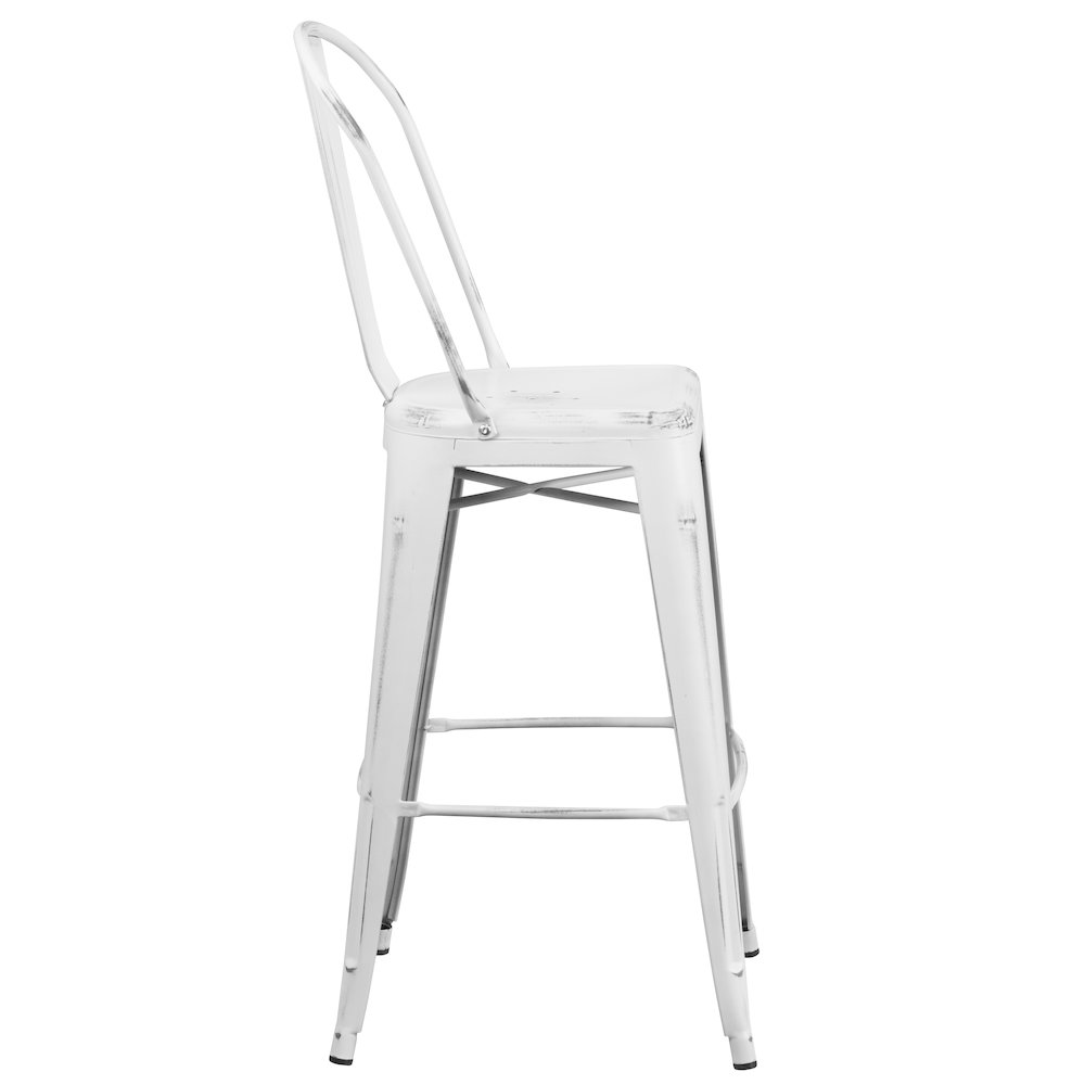 30" High Distressed White Metal Indoor-Outdoor Barstool with Back. Picture 9