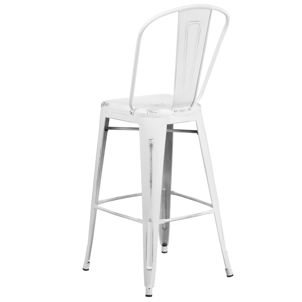 30" High Distressed White Metal Indoor-Outdoor Barstool with Back. Picture 7