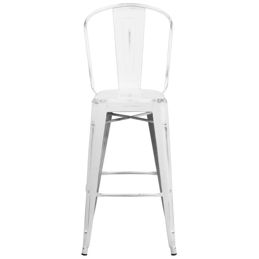 30" High Distressed White Metal Indoor-Outdoor Barstool with Back. Picture 10