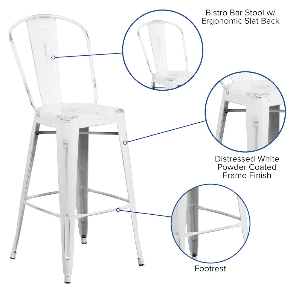 30" High Distressed White Metal Indoor-Outdoor Barstool with Back. Picture 5
