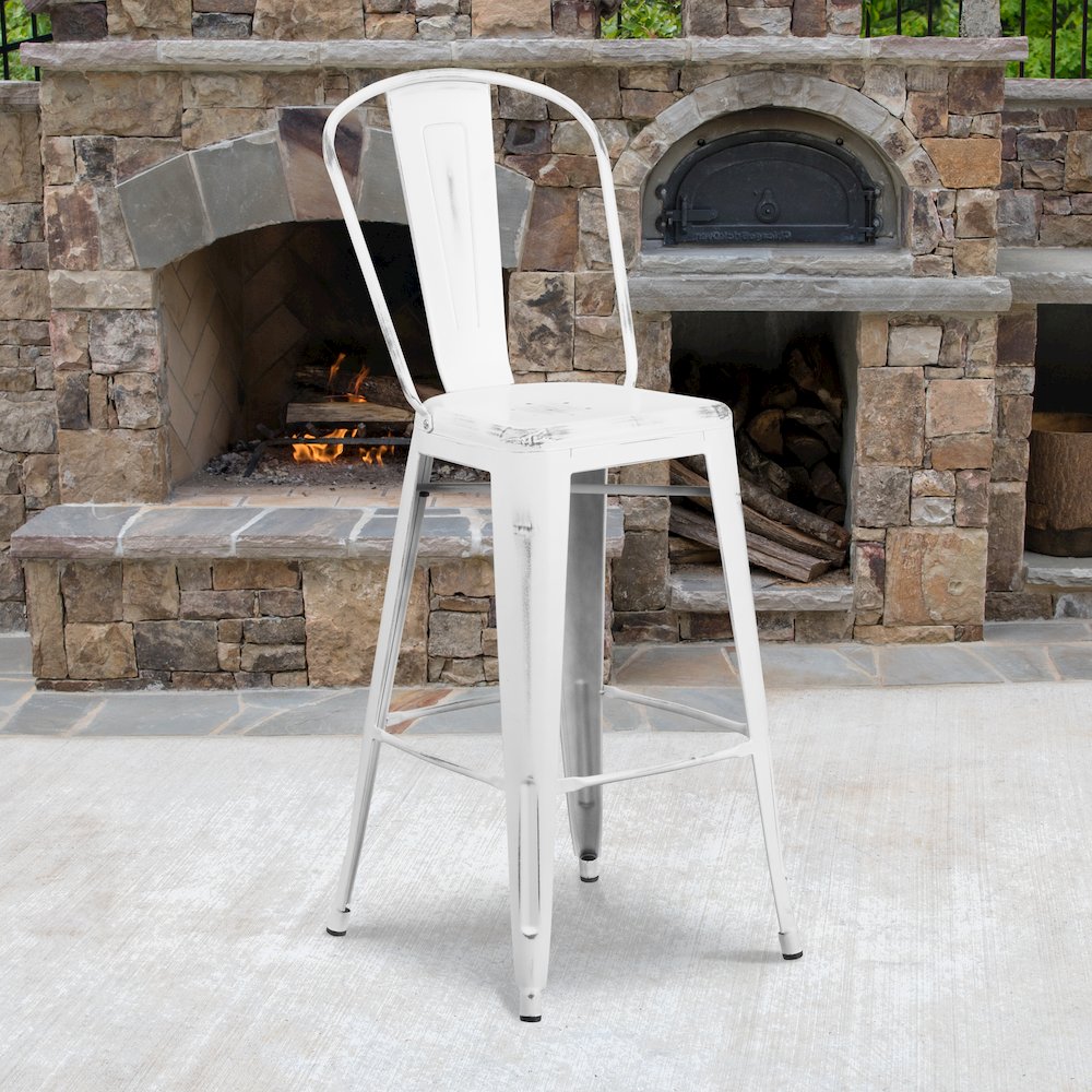 30" High Distressed White Metal Indoor-Outdoor Barstool with Back. Picture 2