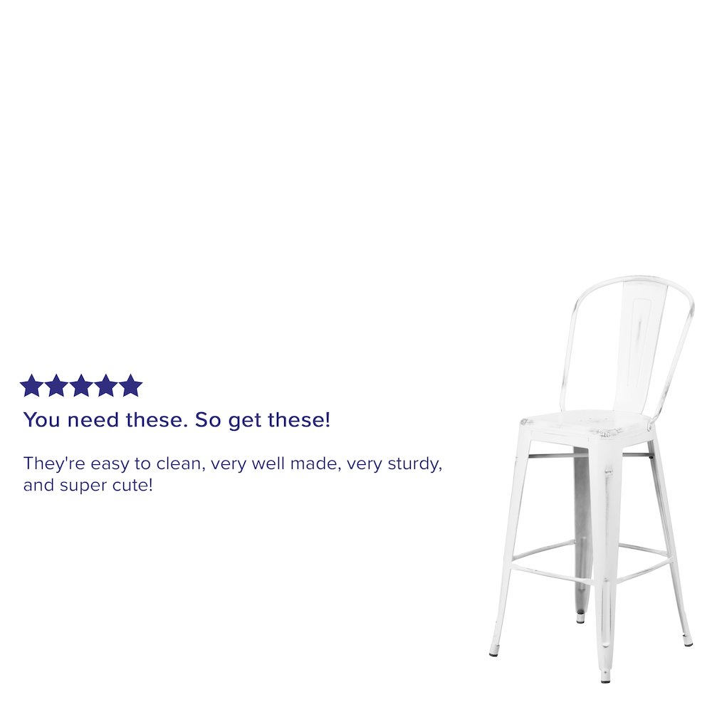 30" High Distressed White Metal Indoor-Outdoor Barstool with Back. Picture 4