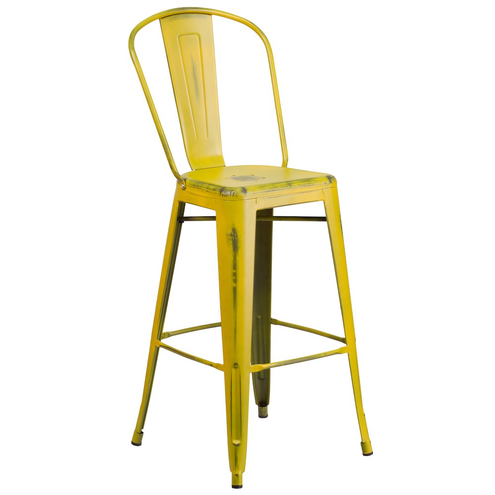 30" High Distressed Yellow Metal Indoor-Outdoor Barstool with Back. Picture 1
