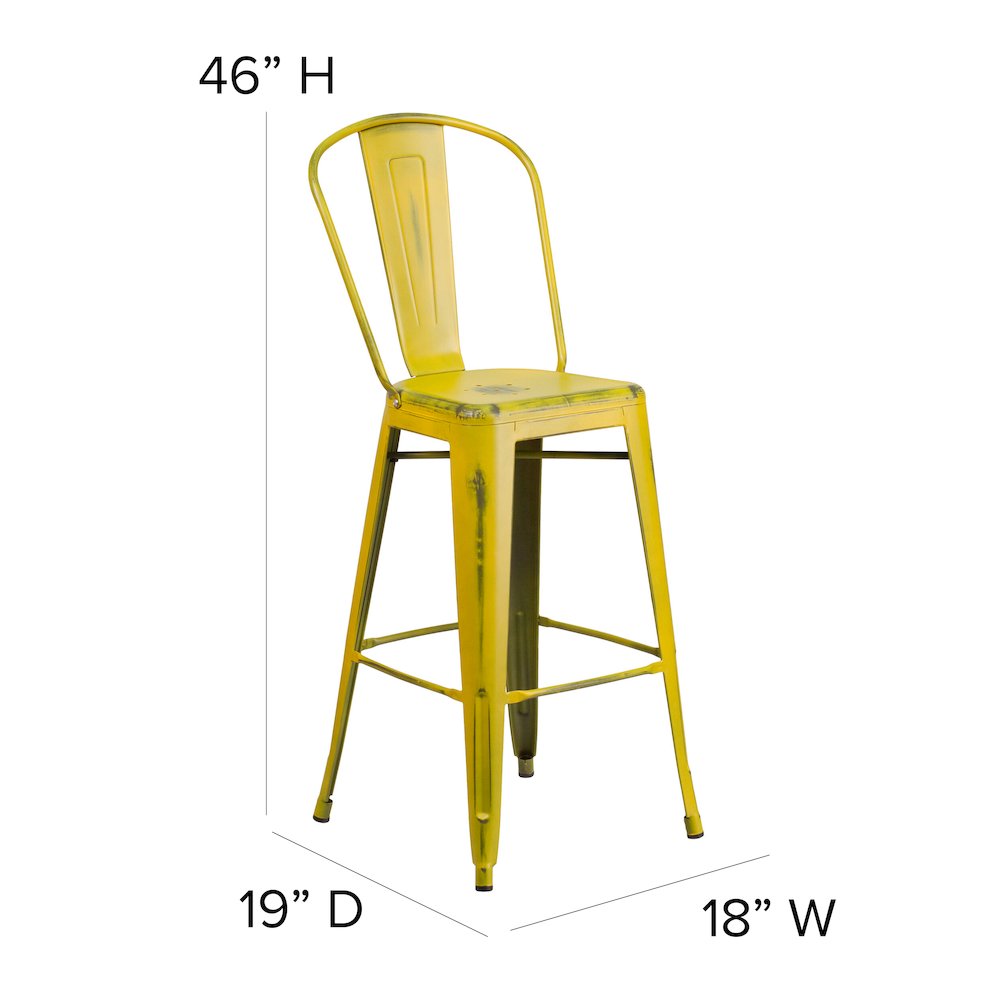 30" High Distressed Yellow Metal Indoor-Outdoor Barstool with Back. Picture 6