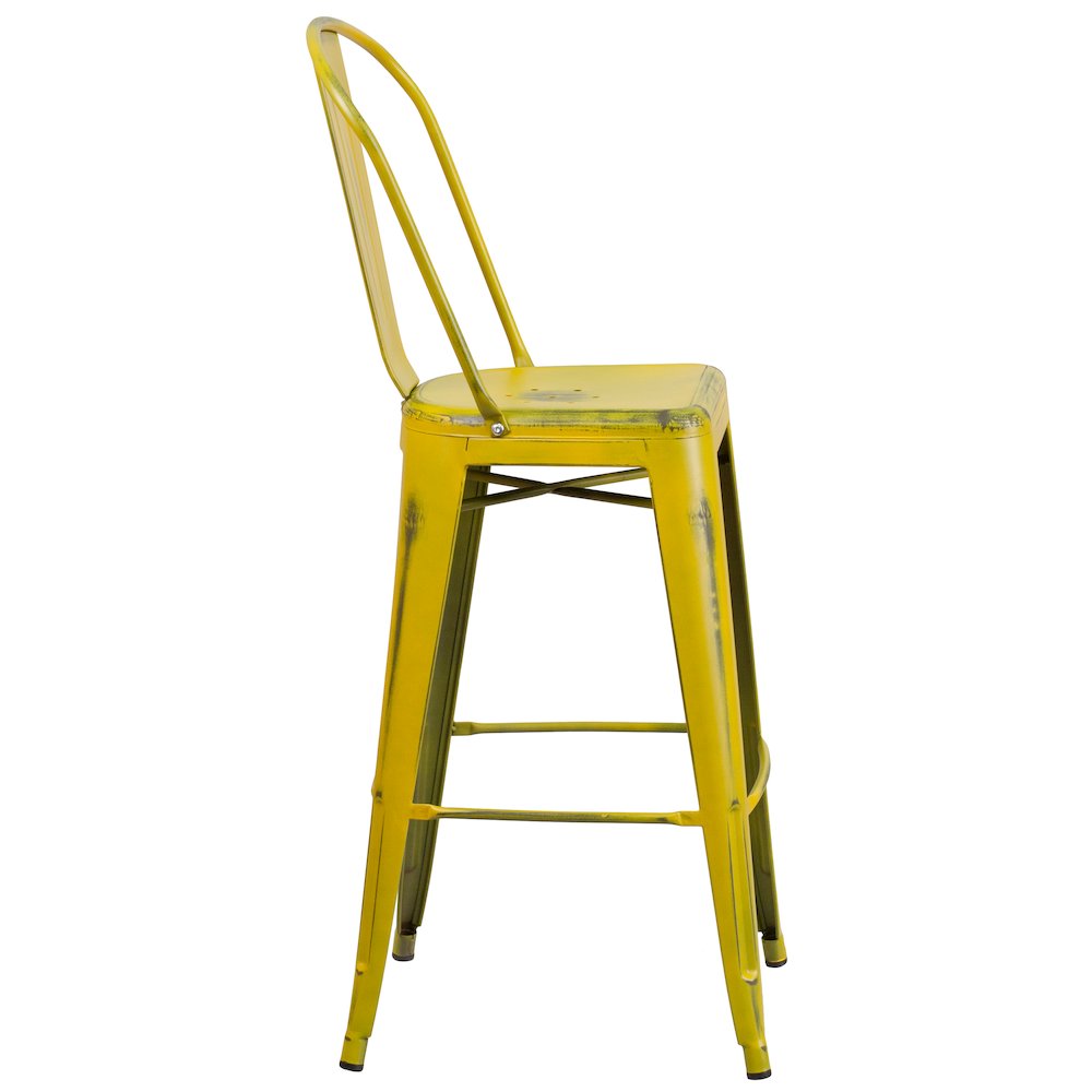 30" High Distressed Yellow Metal Indoor-Outdoor Barstool with Back. Picture 9