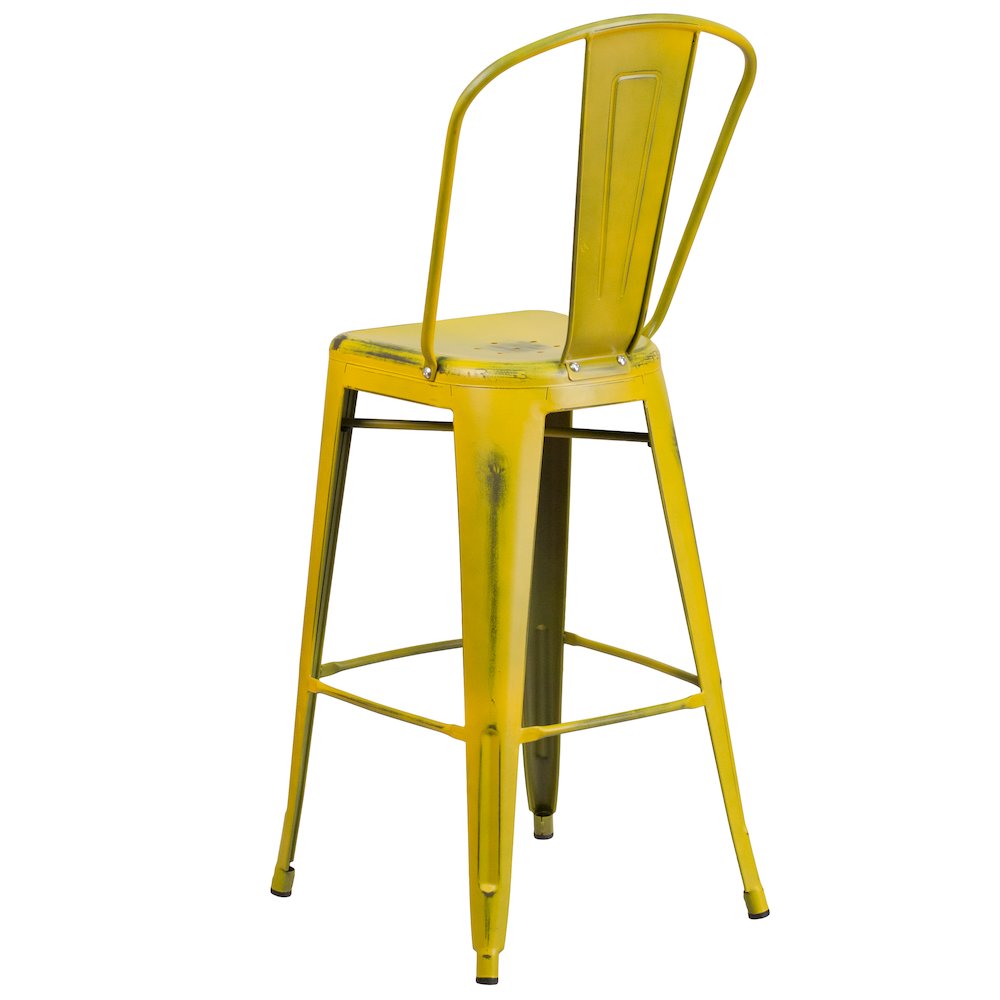 30" High Distressed Yellow Metal Indoor-Outdoor Barstool with Back. Picture 7